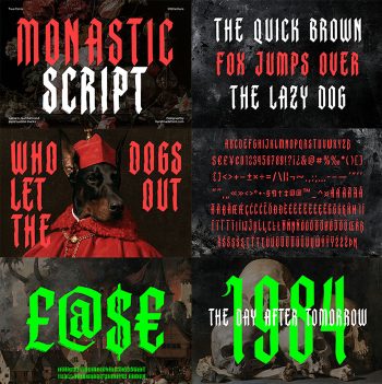Monastic Font preview grid with red and green gothic lettering over dark Baroque paintings
