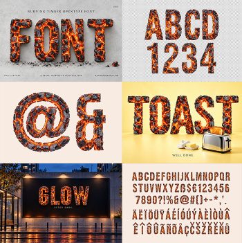 Burning Timber Font preview collage with FONT, ABCD 1234, @ and &, TOAST, a GLOW billboard and the character set