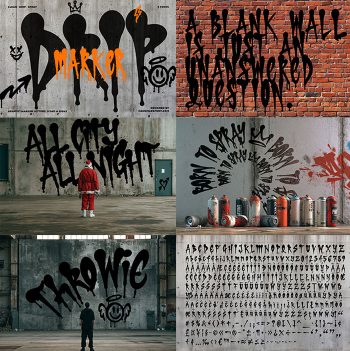 Preview collage of the Drip Marker Font with graffiti words on concrete and brick, spray cans and the character set