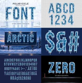 Polar Icicle Font preview collage with the FONT cover, ABCD 1234, ARCTIC, dollar, ampersand and hash, ZERO and the character set
