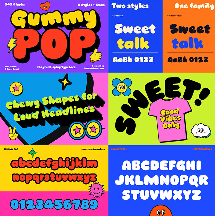 Preview collage of the Gummy Pop Font with the cover, the two styles, a SWEET t-shirt and the alphabet